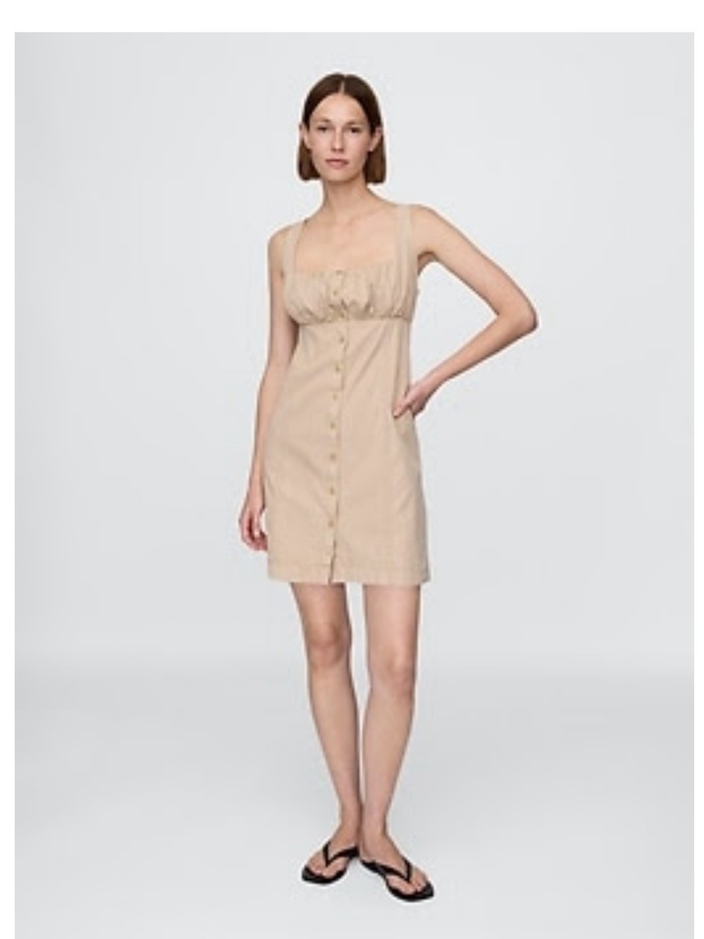 Gap-Khaki Shirred Button-Front Dress-XS